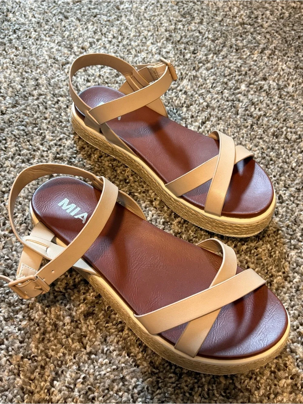 MIA Beige Strappy Platform Sandals with Brown Footbed